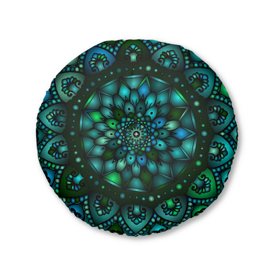 Floor Cushion Mandala Art hand - drawn - Tufted Floor Pillow, Round, Petroleum Green - Blululi