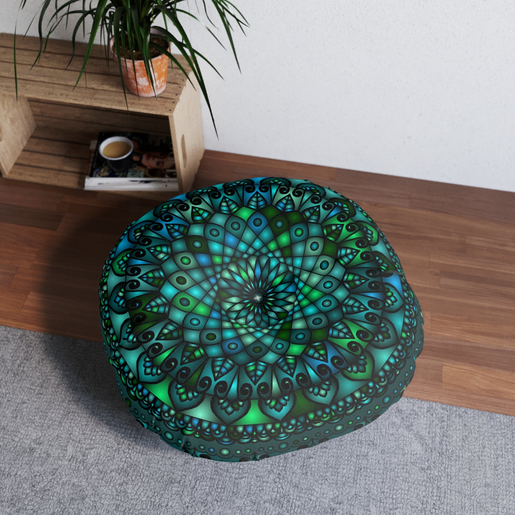 Floor Cushion Mandala Art hand - drawn - Tufted Floor Pillow, Round, Petroleum Green - Blululi