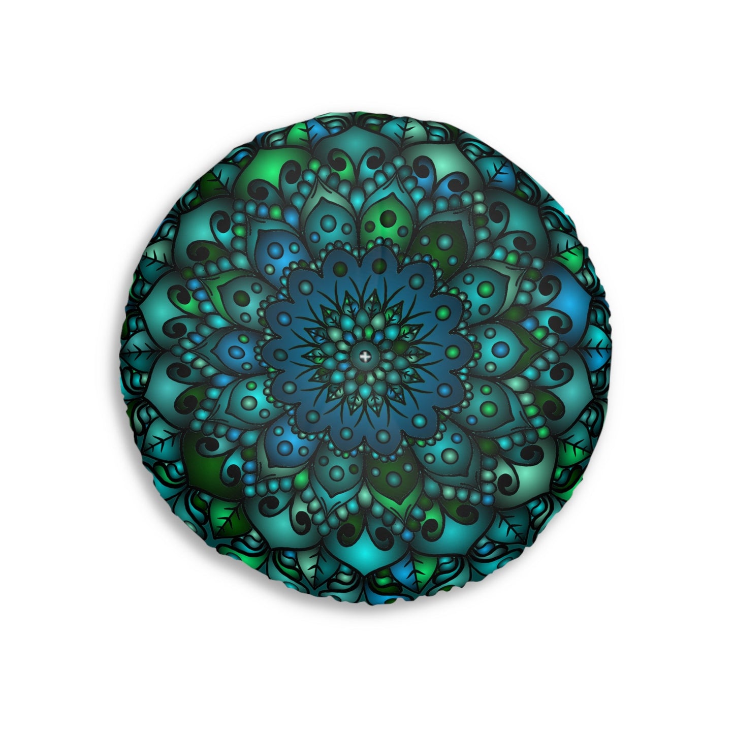 Floor Cushion Mandala Art hand - drawn - Tufted Floor Pillow, Round, Petroleum Green - Blululi