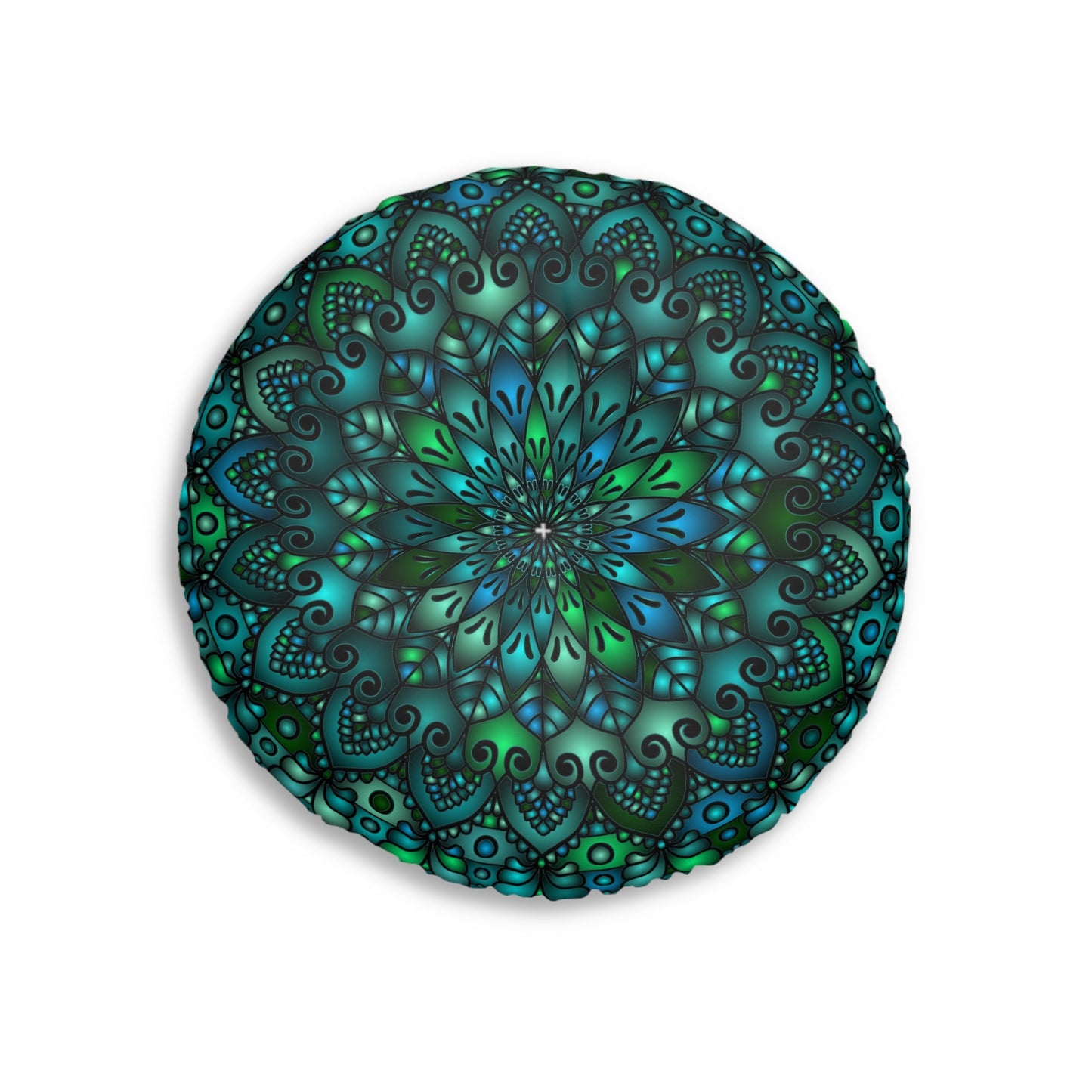 Floor Cushion Mandala Art hand - drawn - Tufted Floor Pillow, Round, Petroleum Green - Blululi