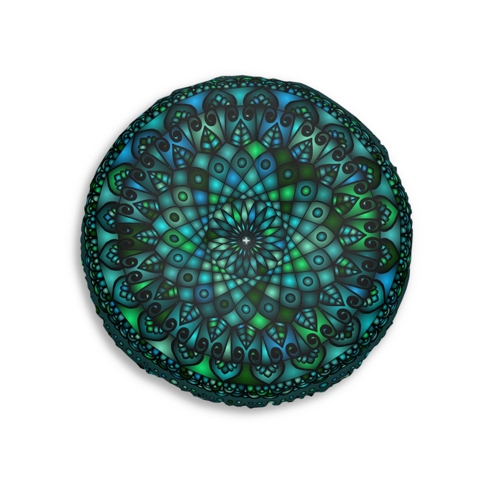 Floor Cushion Mandala Art hand - drawn - Tufted Floor Pillow, Round, Petroleum Green - Blululi