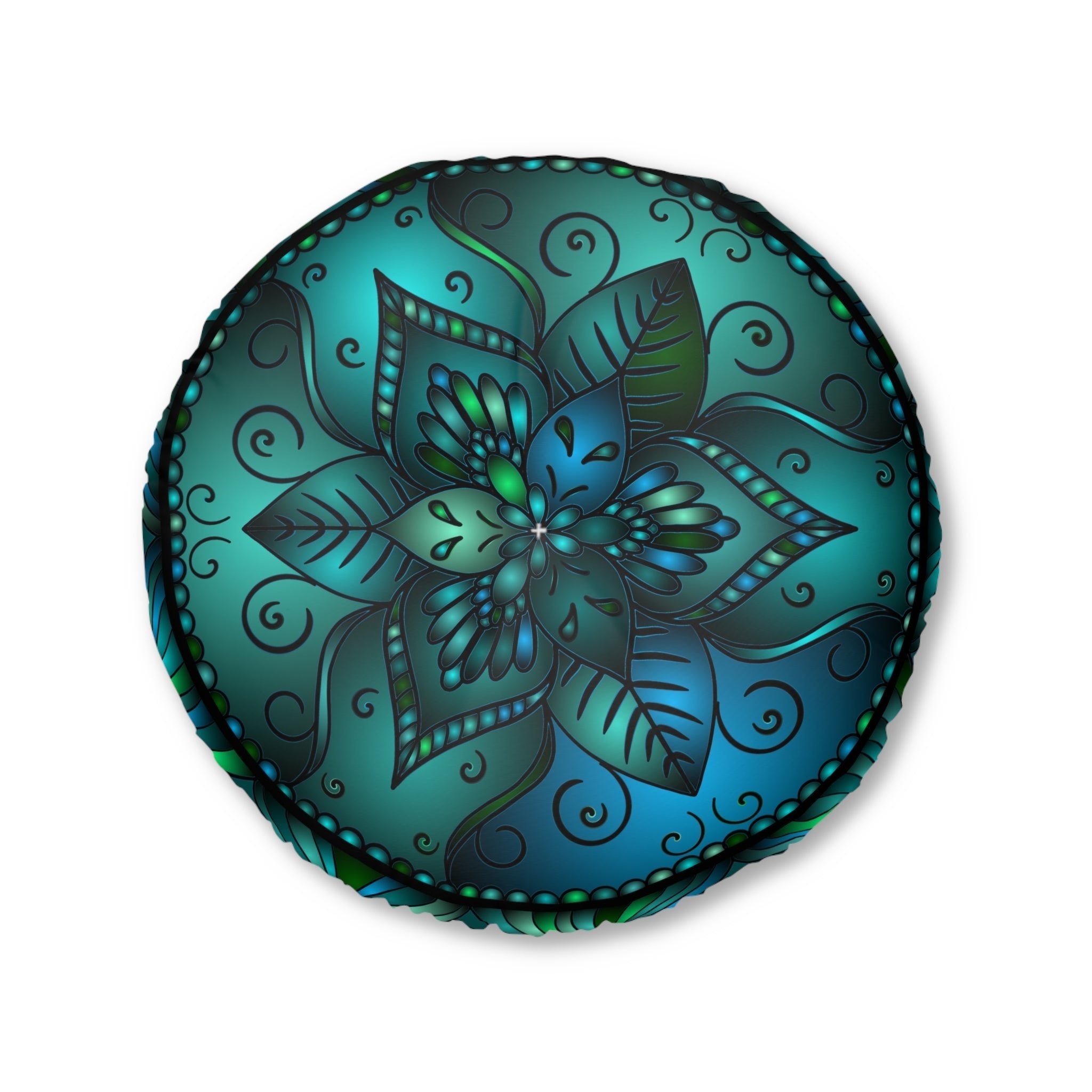 Floor Cushion Mandala Art hand - drawn - Tufted Floor Pillow, Round, Petroleum Green - Blululi