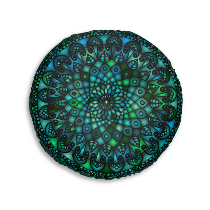 Floor Cushion Mandala Art hand - drawn - Tufted Floor Pillow, Round, Petroleum Green - Blululi