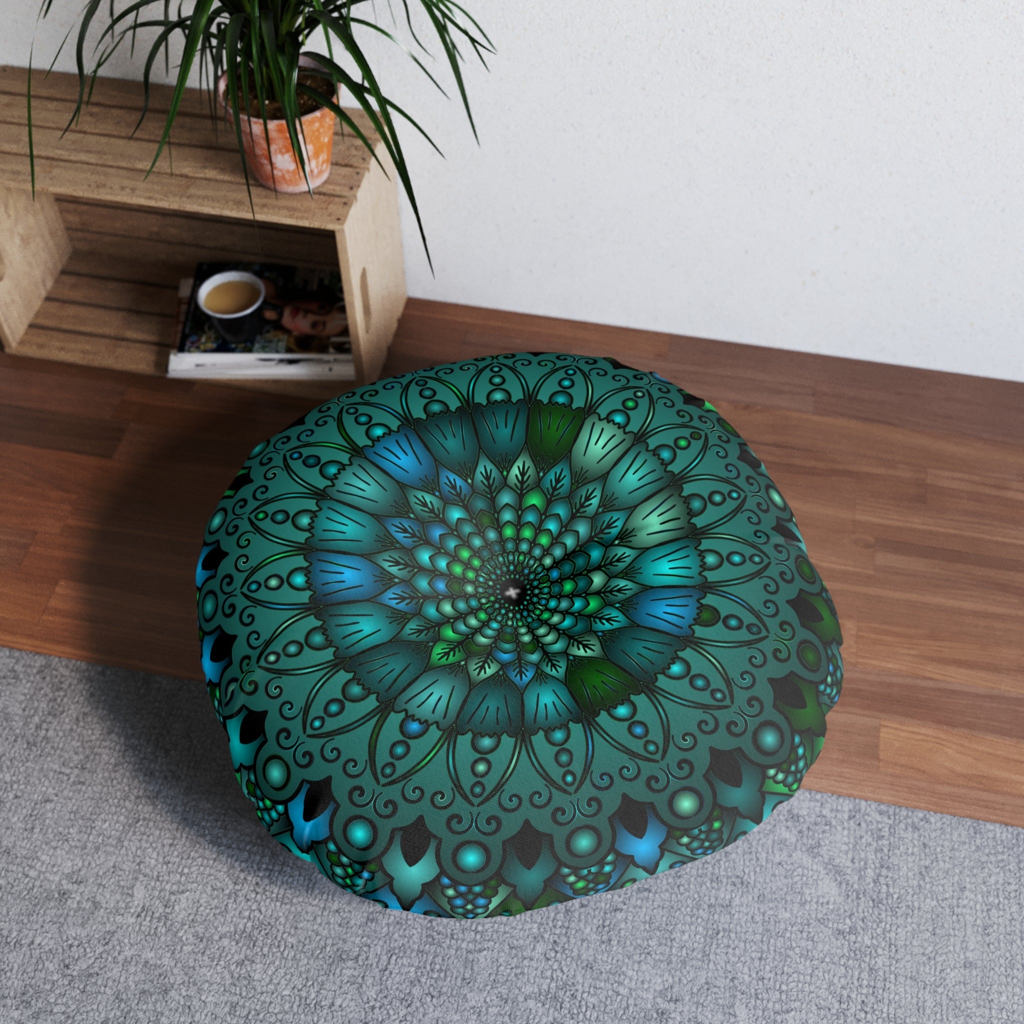 Floor Cushion Mandala Art hand - drawn - Tufted Floor Pillow, Round, Petroleum Green - Blululi