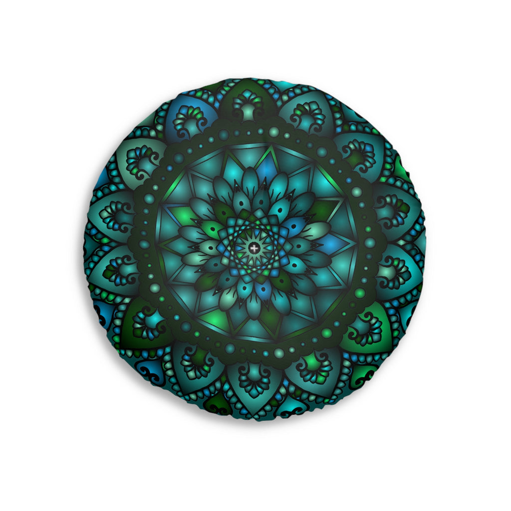 Floor Cushion Mandala Art hand - drawn - Tufted Floor Pillow, Round, Petroleum Green - Blululi