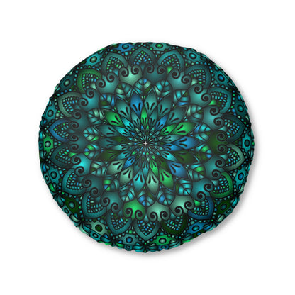 Floor Cushion Mandala Art hand - drawn - Tufted Floor Pillow, Round, Petroleum Green - Blululi