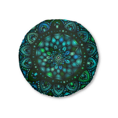 Floor Cushion Mandala Art hand - drawn - Tufted Floor Pillow, Round, Petroleum Green - Blululi