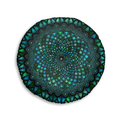 Floor Cushion Mandala Art hand - drawn - Tufted Floor Pillow, Round, Petroleum Green - Blululi