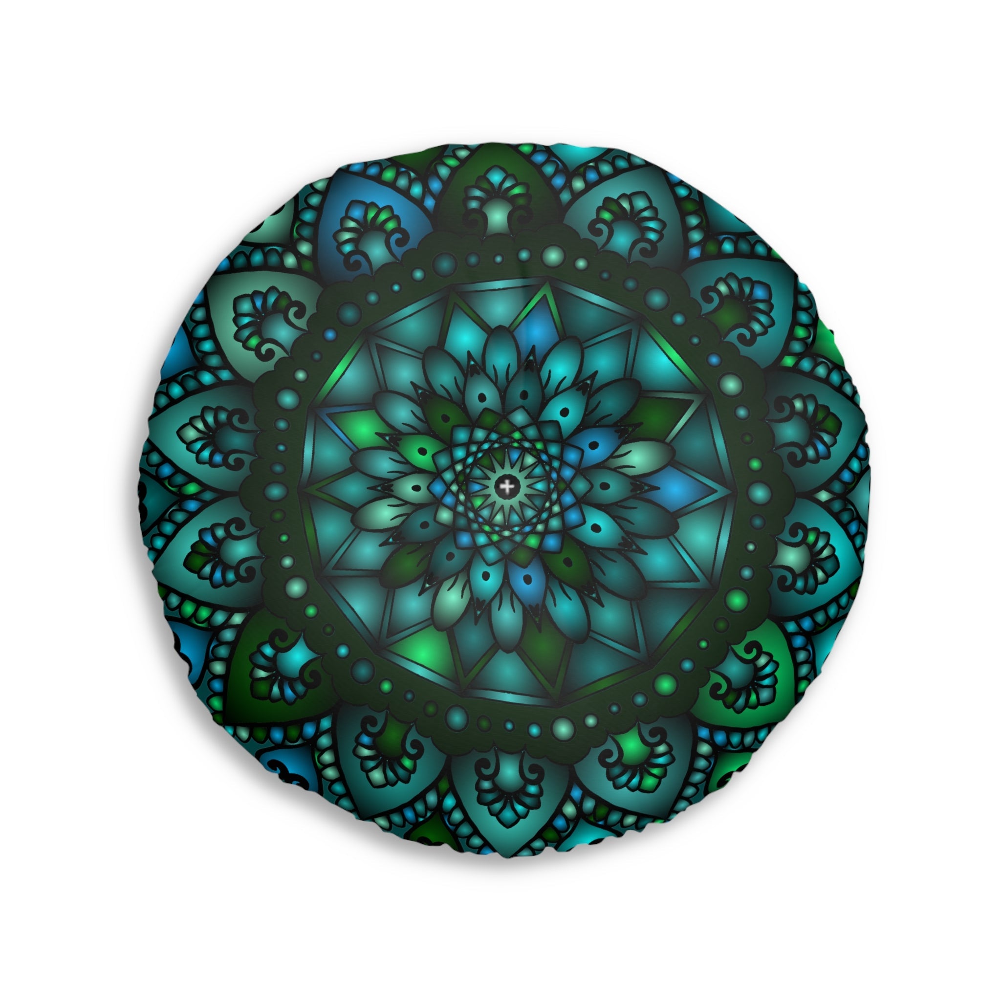 Floor Cushion Mandala Art hand - drawn - Tufted Floor Pillow, Round, Petroleum Green - Blululi