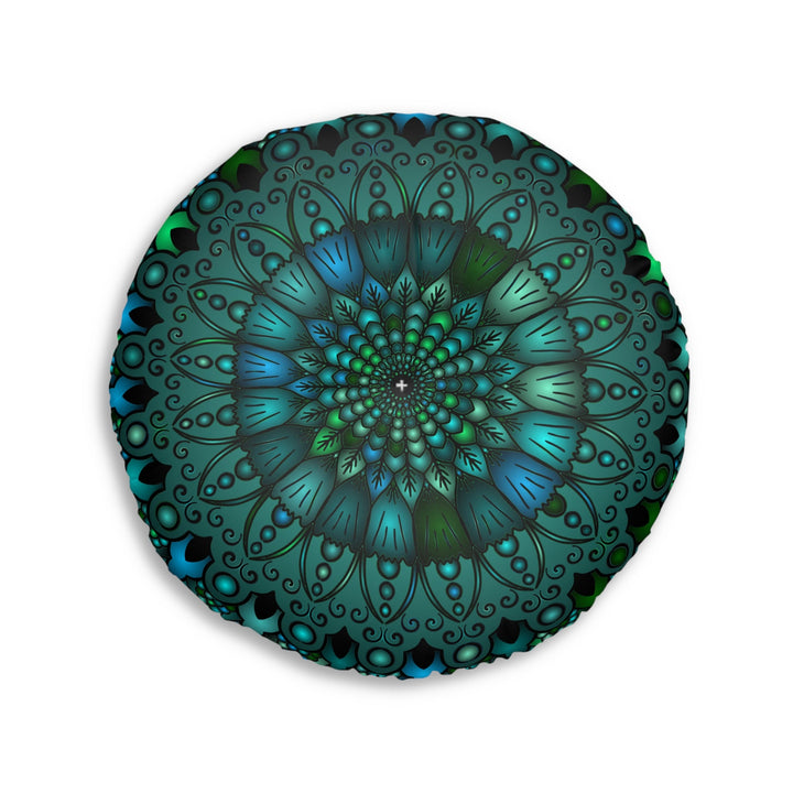 Floor Cushion Mandala Art hand - drawn - Tufted Floor Pillow, Round, Petroleum Green - Blululi