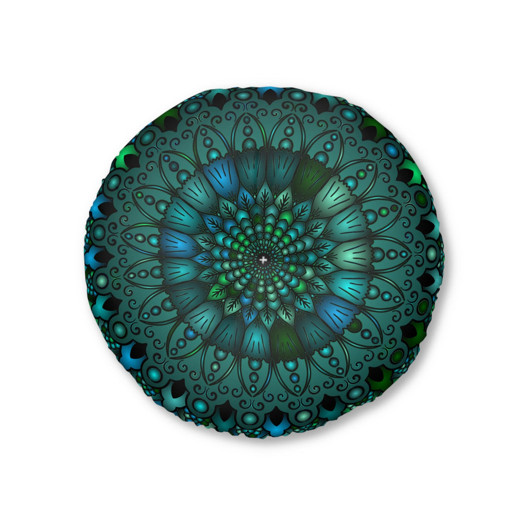 Floor Cushion Mandala Art hand - drawn - Tufted Floor Pillow, Round, Petroleum Green - Blululi