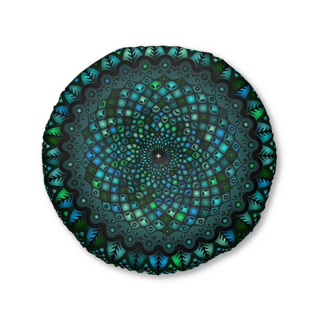 Floor Cushion Mandala Art hand - drawn - Tufted Floor Pillow, Round, Petroleum Green - Blululi