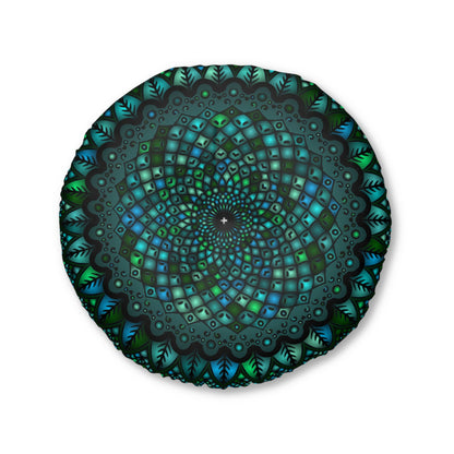 Floor Cushion Mandala Art hand - drawn - Tufted Floor Pillow, Round, Petroleum Green - Blululi