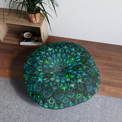 Floor Cushion Mandala Art hand - drawn - Tufted Floor Pillow, Round, Petroleum Green - Blululi