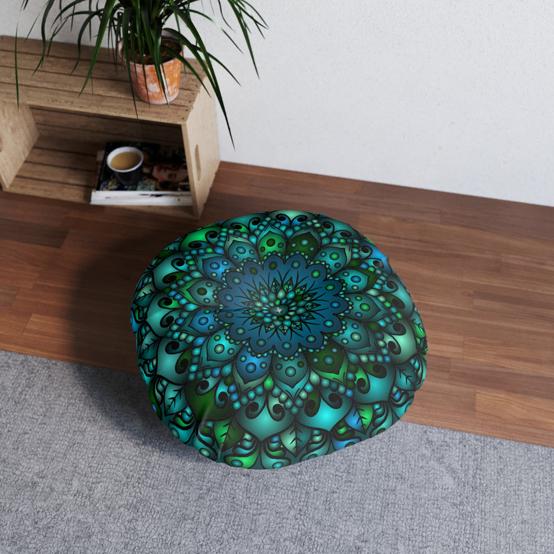 Floor Cushion Mandala Art hand - drawn - Tufted Floor Pillow, Round, Petroleum Green - Blululi