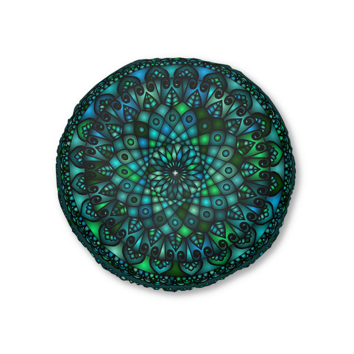 Floor Cushion Mandala Art hand - drawn - Tufted Floor Pillow, Round, Petroleum Green - Blululi