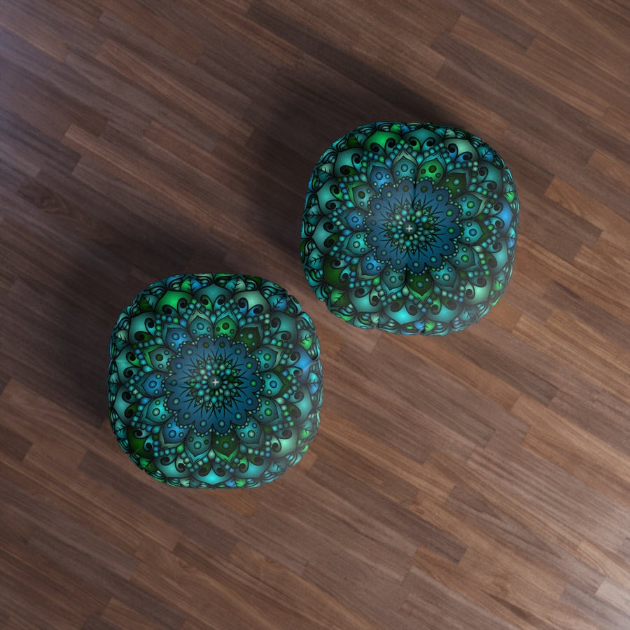 Floor Cushion Mandala Art hand - drawn - Tufted Floor Pillow, Round, Petroleum Green - Blululi