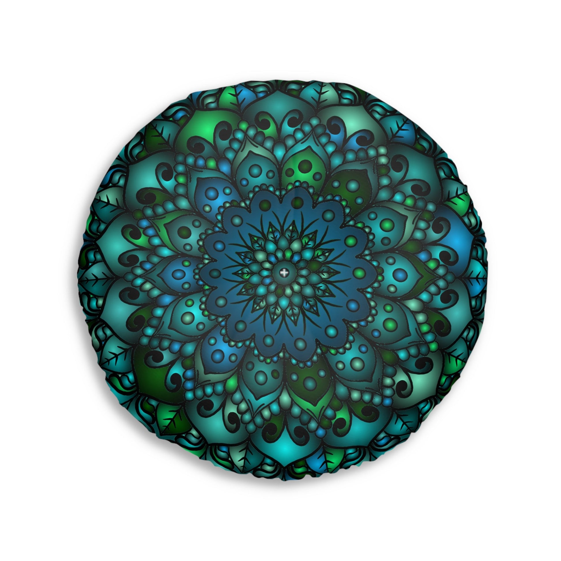 Floor Cushion Mandala Art hand - drawn - Tufted Floor Pillow, Round, Petroleum Green - Blululi