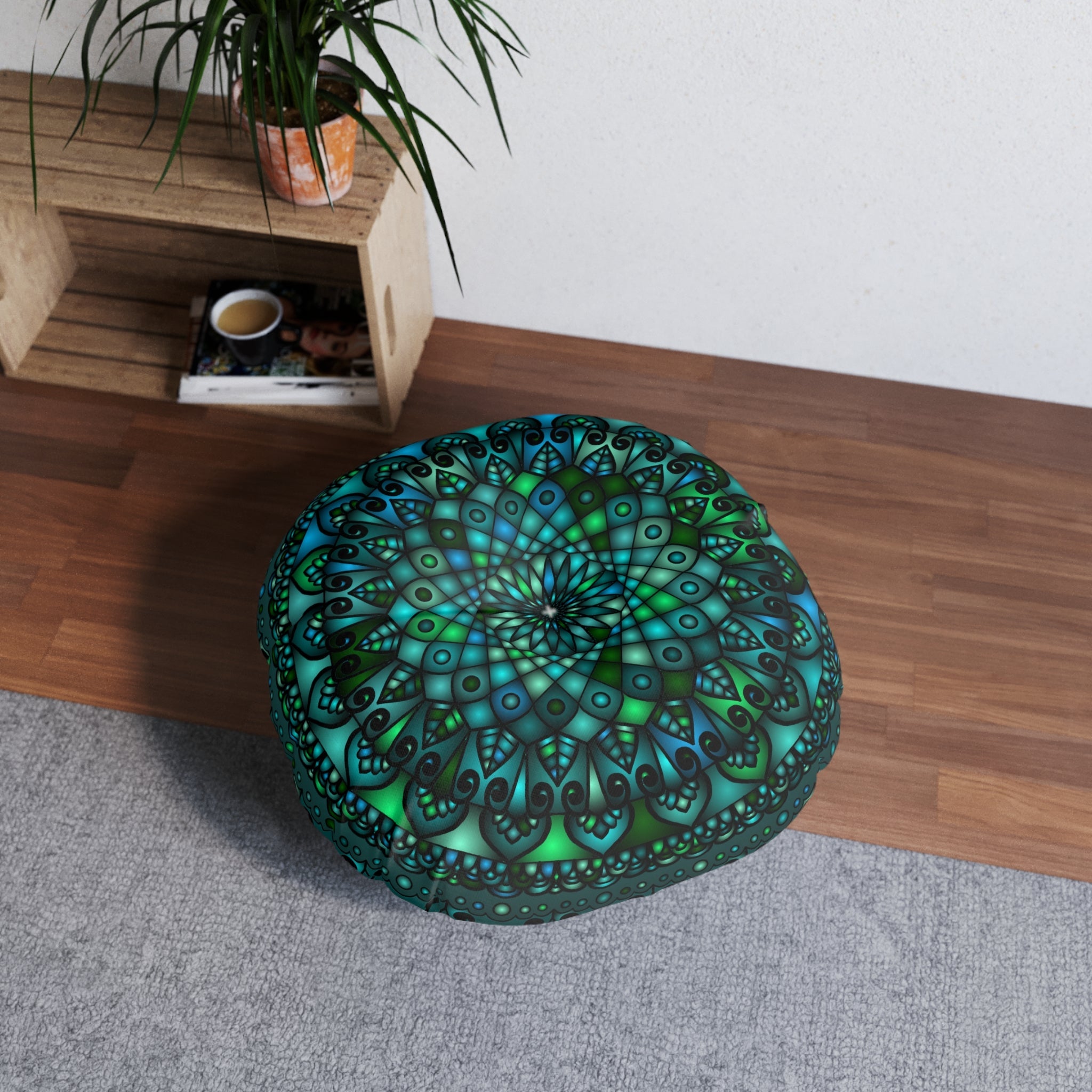 Floor Cushion Mandala Art hand - drawn - Tufted Floor Pillow, Round, Petroleum Green - Blululi