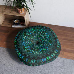 Floor Cushion Mandala Art hand - drawn - Tufted Floor Pillow, Round, Petroleum Green - Blululi