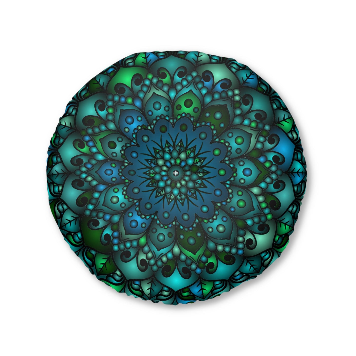 Floor Cushion Mandala Art hand - drawn - Tufted Floor Pillow, Round, Petroleum Green - Blululi