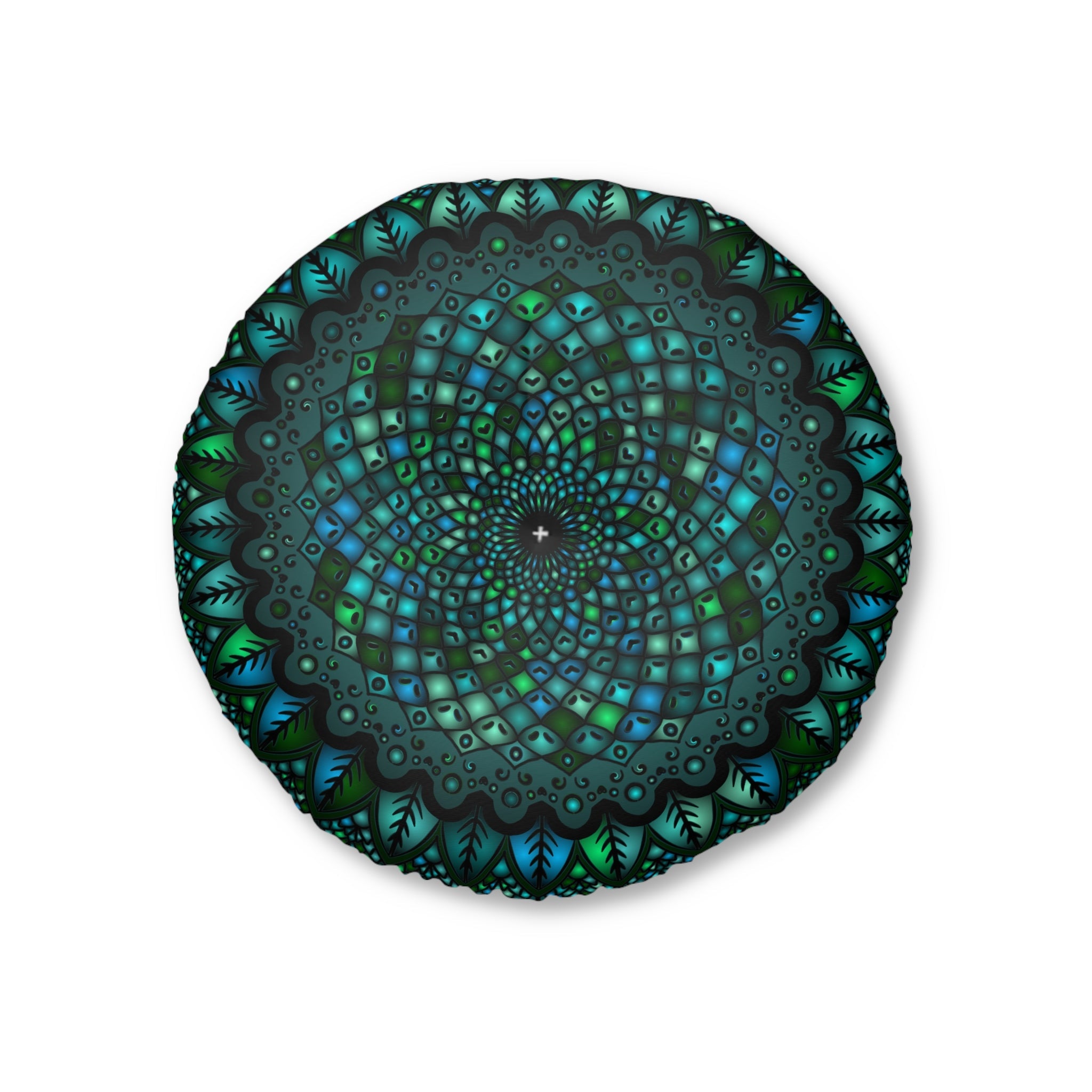 Floor Cushion Mandala Art hand - drawn - Tufted Floor Pillow, Round, Petroleum Green - Blululi