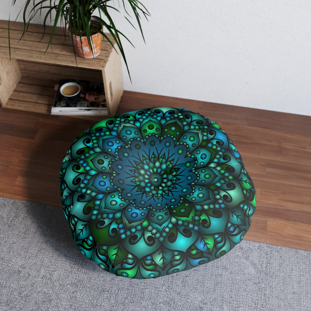 Floor Cushion Mandala Art hand - drawn - Tufted Floor Pillow, Round, Petroleum Green - Blululi