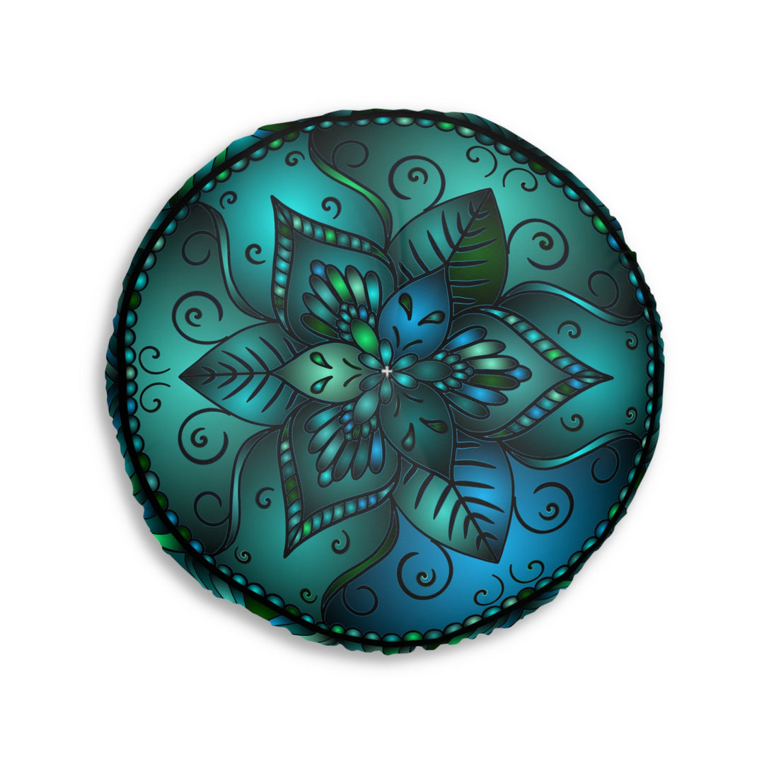 Floor Cushion Mandala Art hand - drawn - Tufted Floor Pillow, Round, Petroleum Green - Blululi