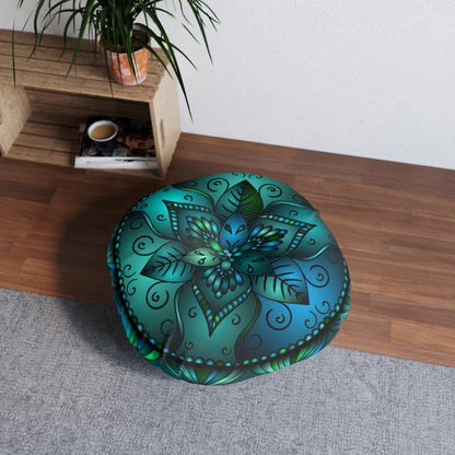 Floor Cushion Mandala Art hand - drawn - Tufted Floor Pillow, Round, Petroleum Green - Blululi