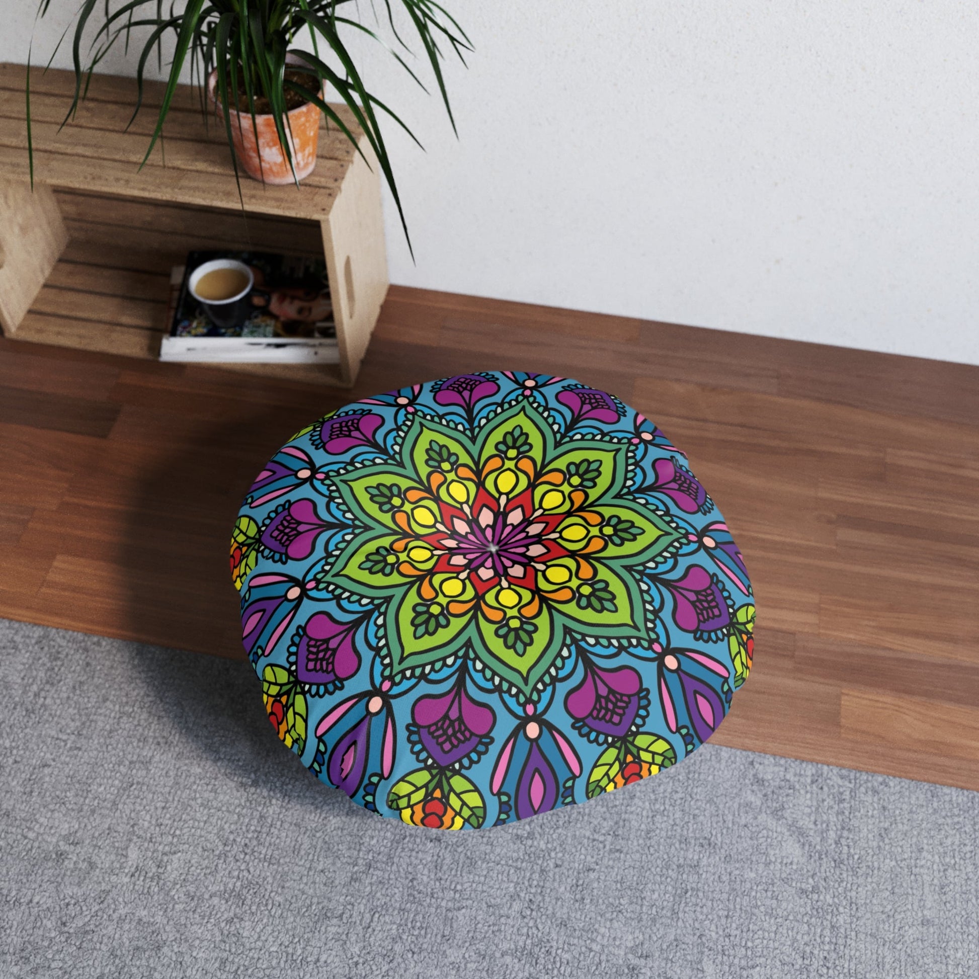 Floor Cushion Mandala Art - Tufted Floor Pillow, Round - Blululi