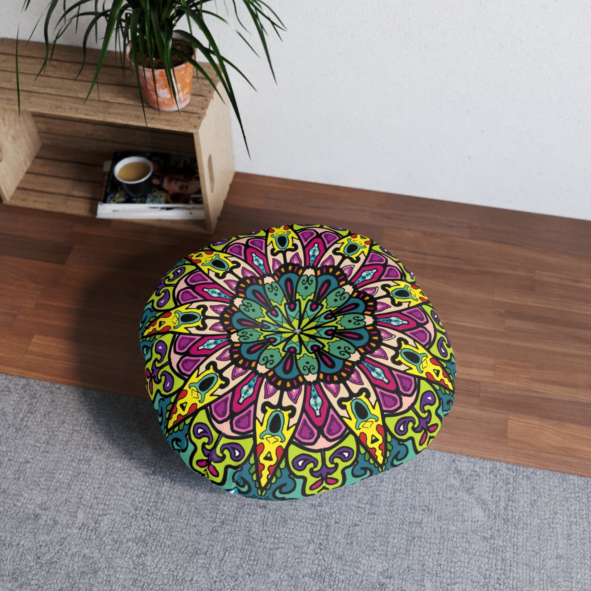 Floor Cushion Mandala Art - Tufted Floor Pillow, Round - Blululi