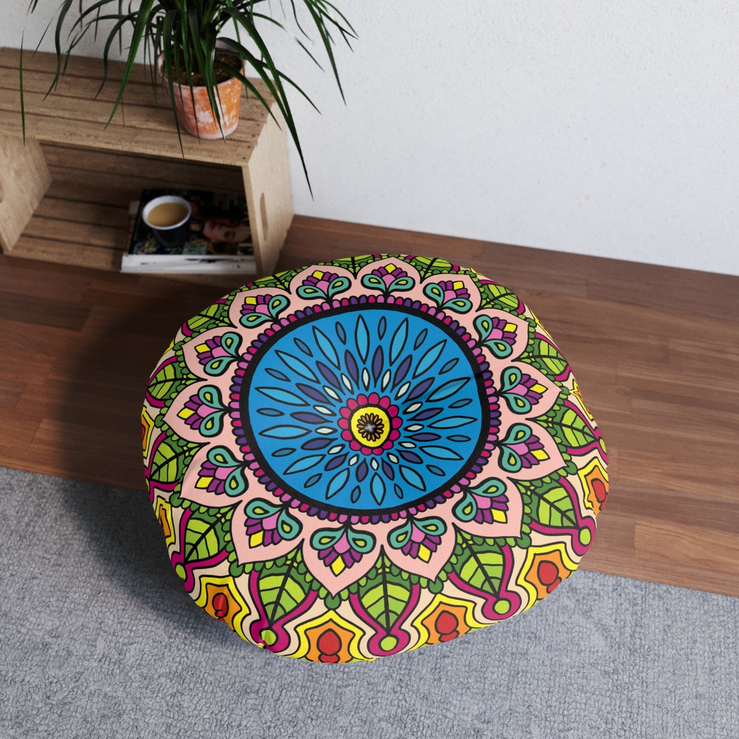 Floor Cushion Mandala Art - Tufted Floor Pillow, Round - Blululi