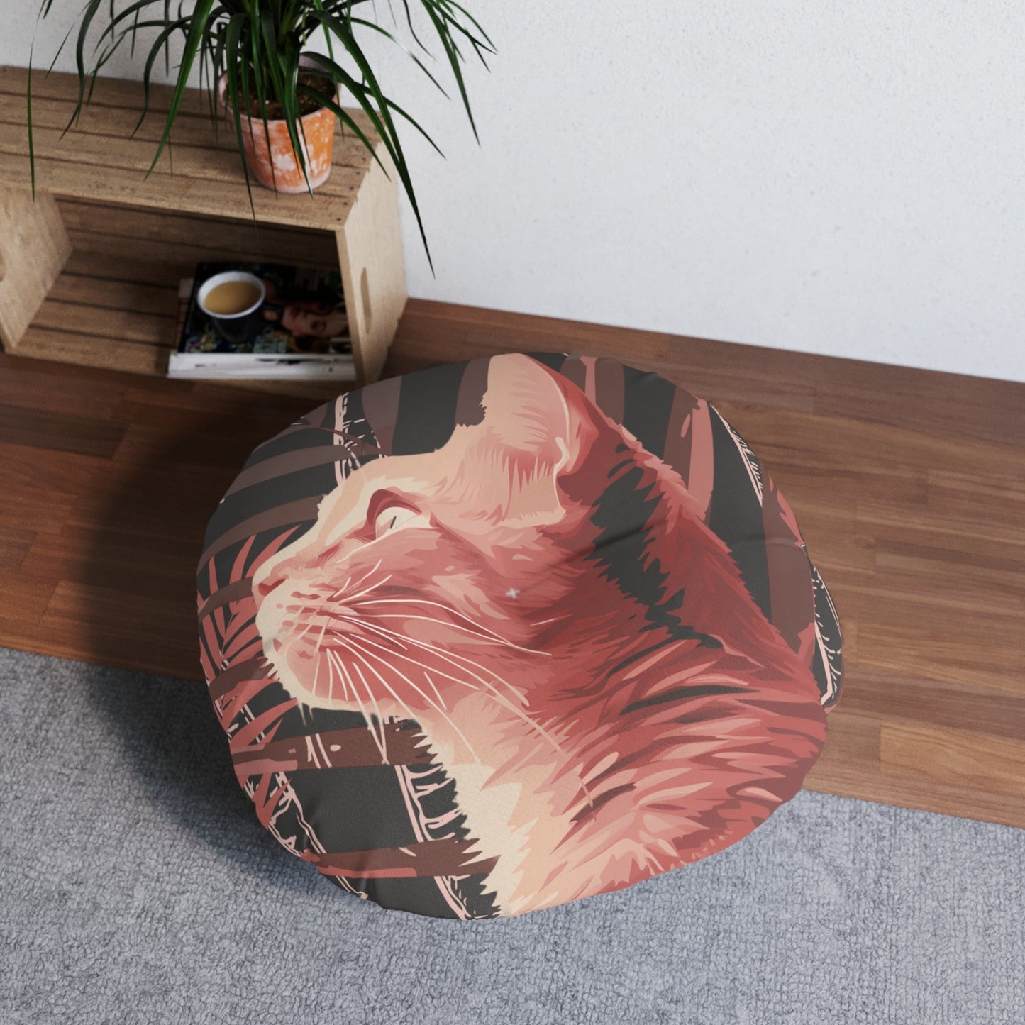 Floor Cushion Pink Cat Under Palm Trees - Tufted Floor Pillow, Round - Blululi