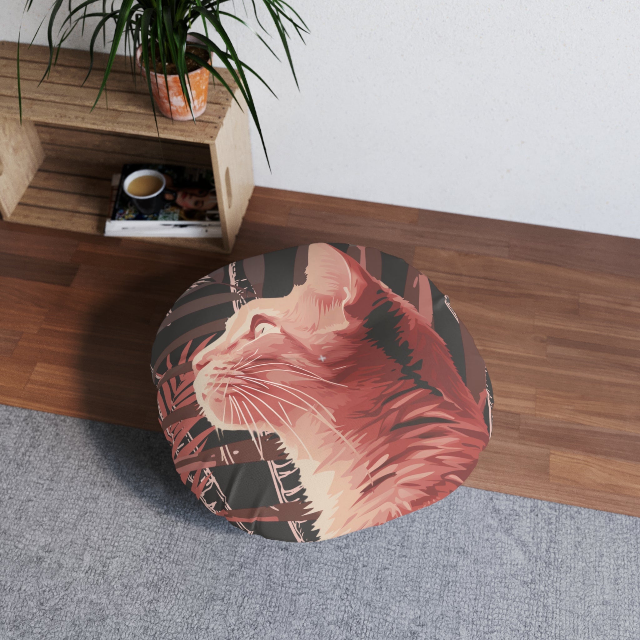 Floor Cushion Pink Cat Under Palm Trees - Tufted Floor Pillow, Round - Blululi