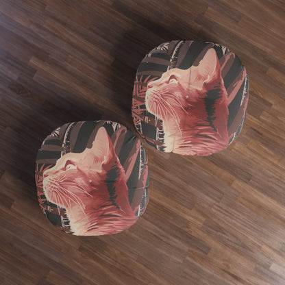 Floor Cushion Pink Cat Under Palm Trees - Tufted Floor Pillow, Round - Blululi