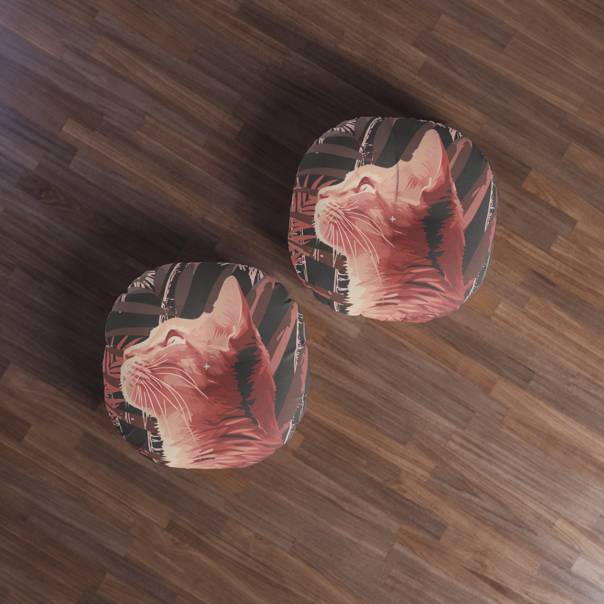 Floor Cushion Pink Cat Under Palm Trees - Tufted Floor Pillow, Round - Blululi