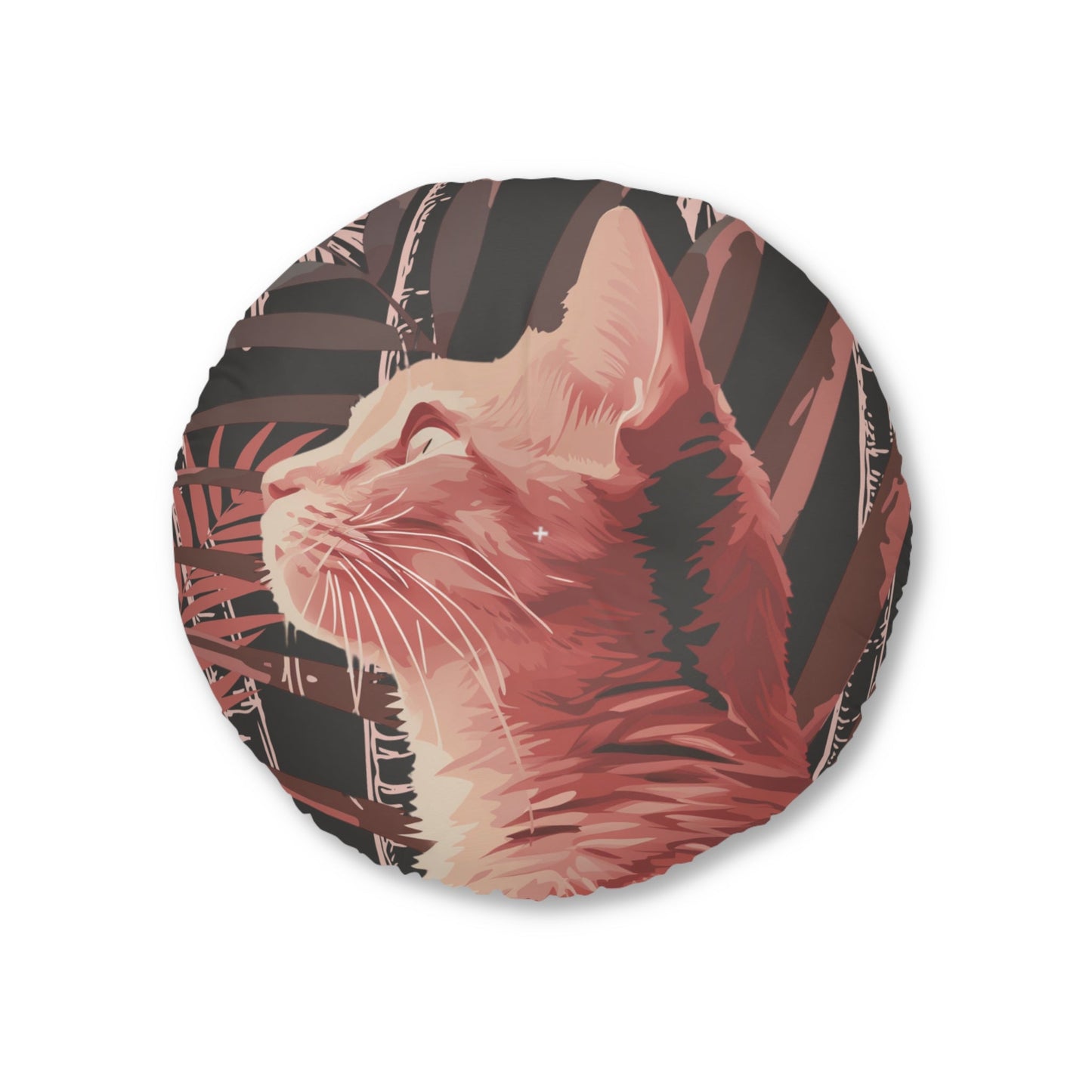 Floor Cushion Pink Cat Under Palm Trees - Tufted Floor Pillow, Round - Blululi