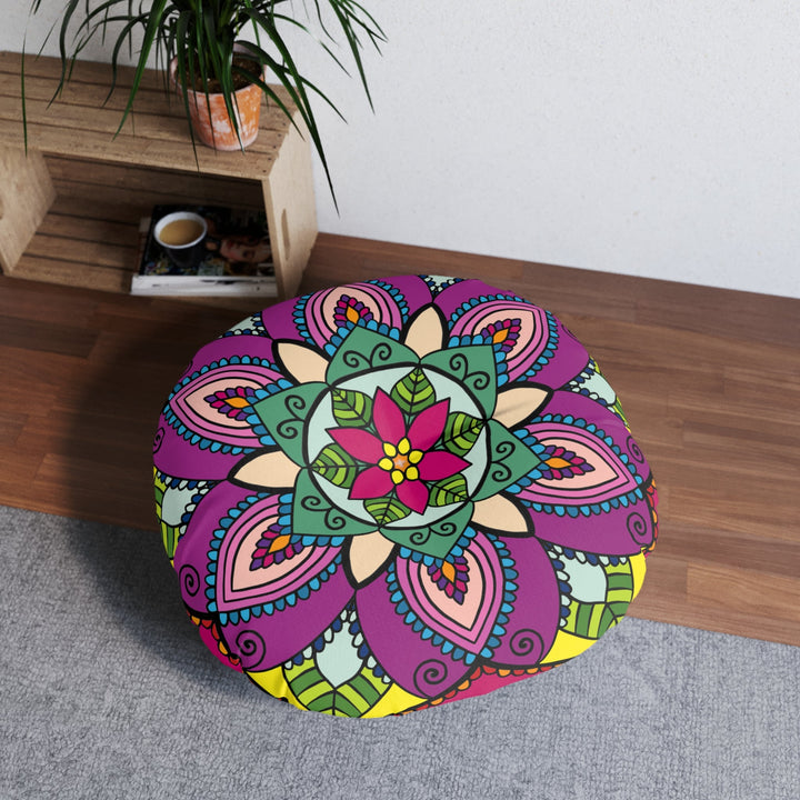 Floor Cushion Simple Mandala Art Drawn by Hand - Tufted Floor Pillow, Round - Blululi