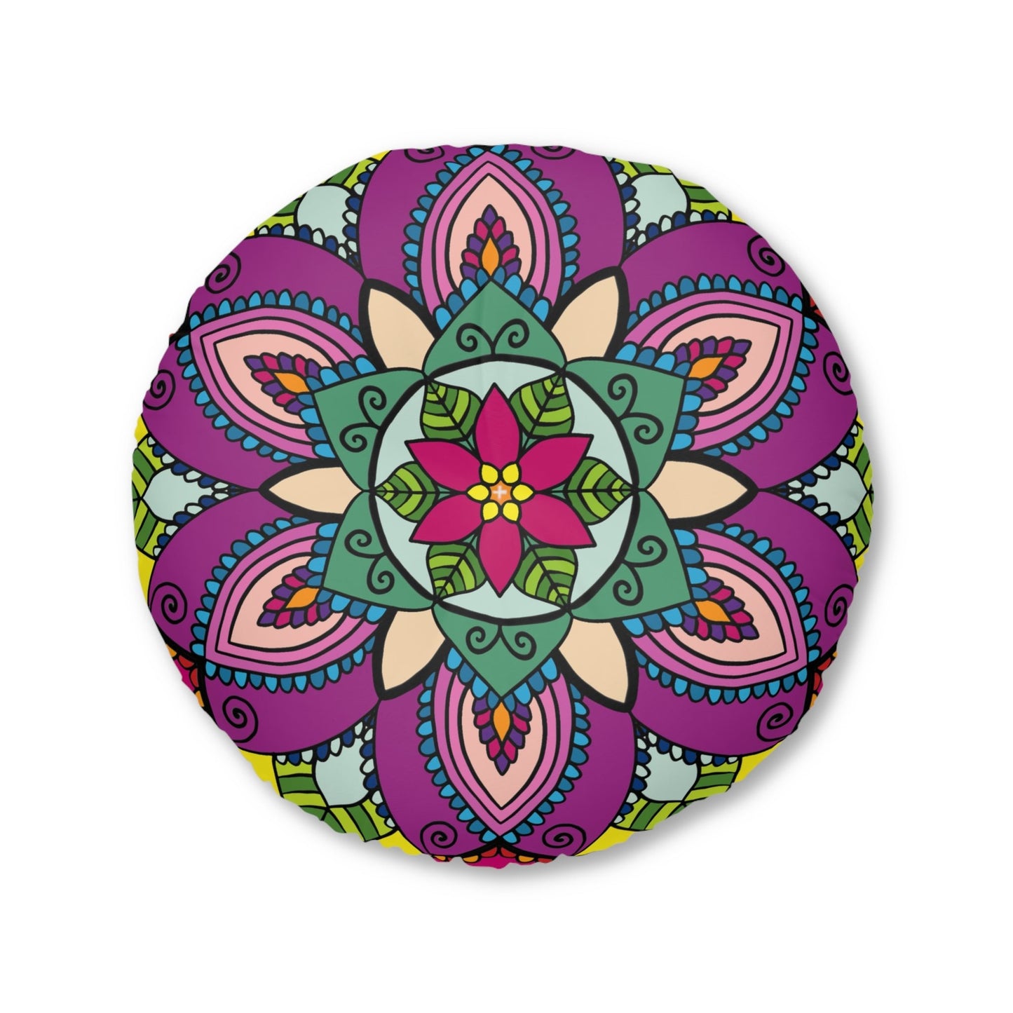 Floor Cushion Simple Mandala Art Drawn by Hand - Tufted Floor Pillow, Round - Blululi