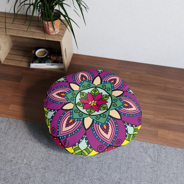 Floor Cushion Simple Mandala Art Drawn by Hand - Tufted Floor Pillow, Round - Blululi