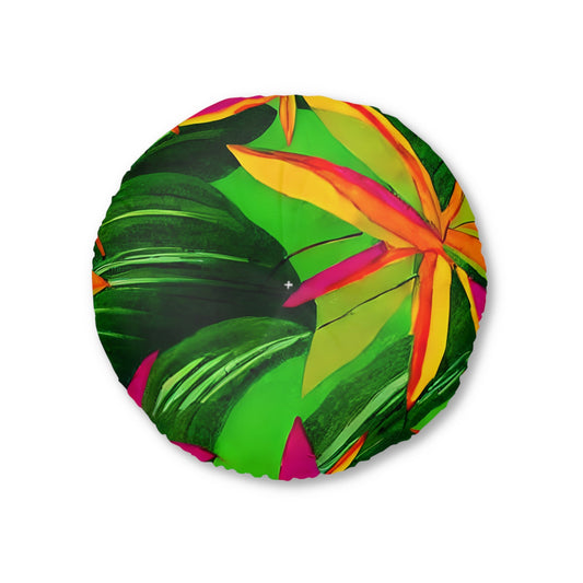 Floor Cushion Tropical Botanical Design - Tufted Floor Pillow, Round - Blululi