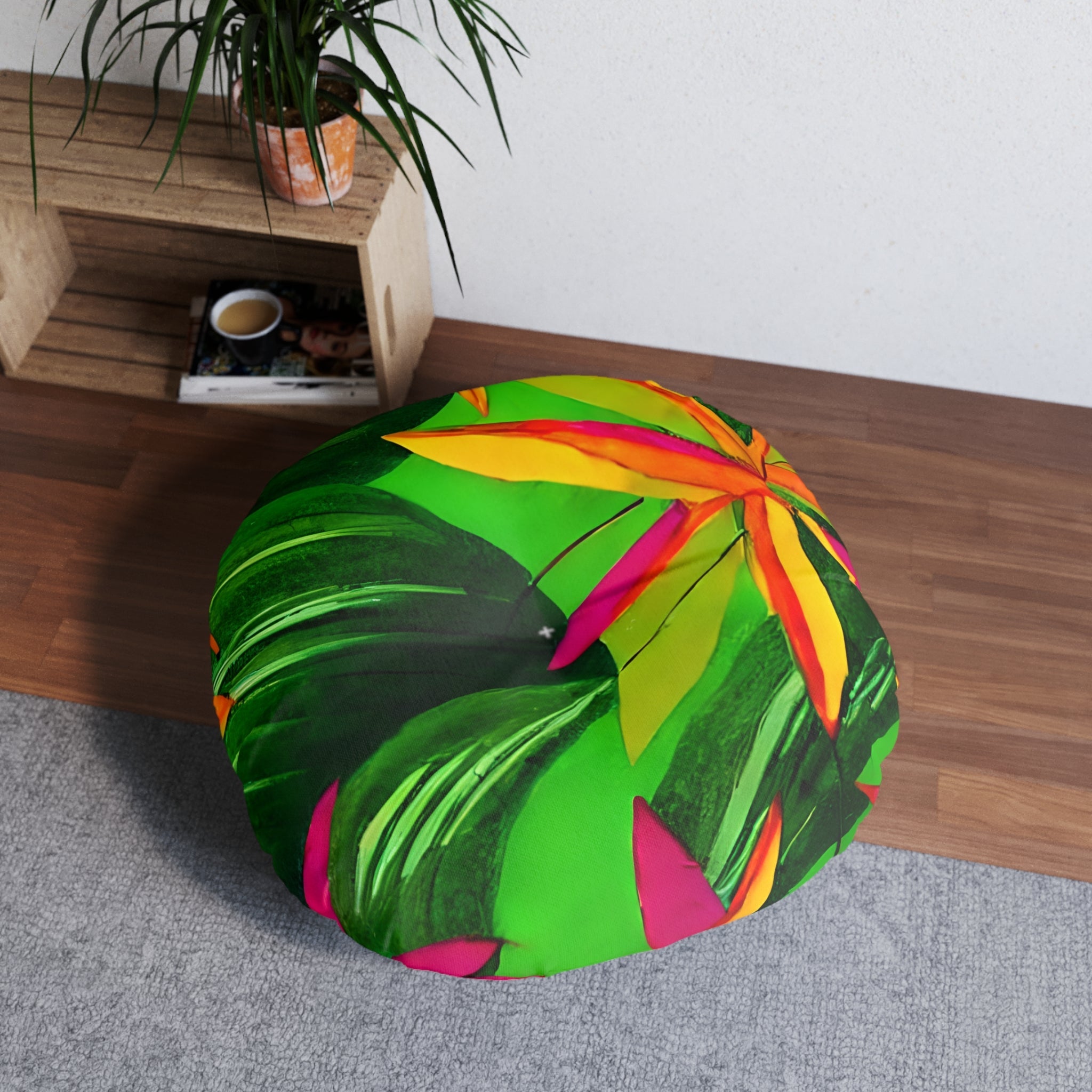 Floor Cushion Tropical Botanical Design - Tufted Floor Pillow, Round - Blululi