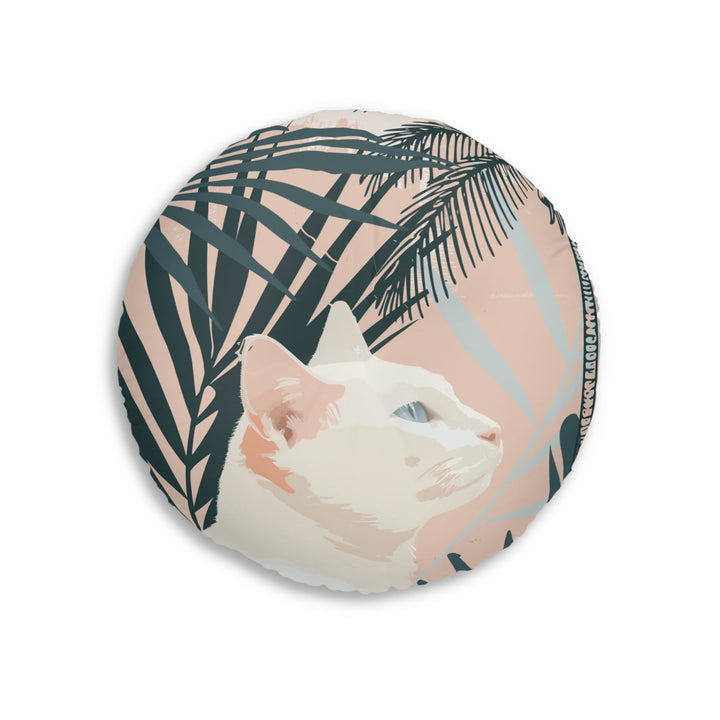 Floor Cushion White Cat Under Palms - Tufted Floor Pillow, Round - Blululi