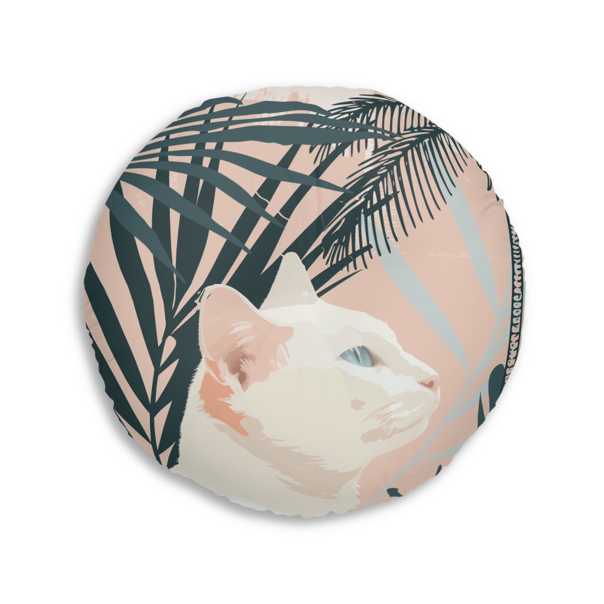 Floor Cushion White Cat Under Palms - Tufted Floor Pillow, Round - Blululi