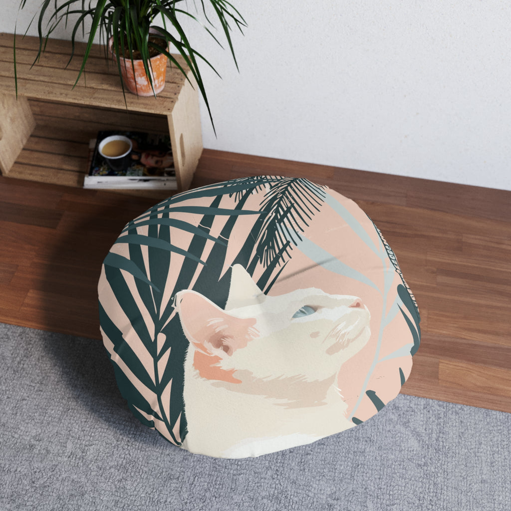 Floor Cushion White Cat Under Palms - Tufted Floor Pillow, Round - Blululi