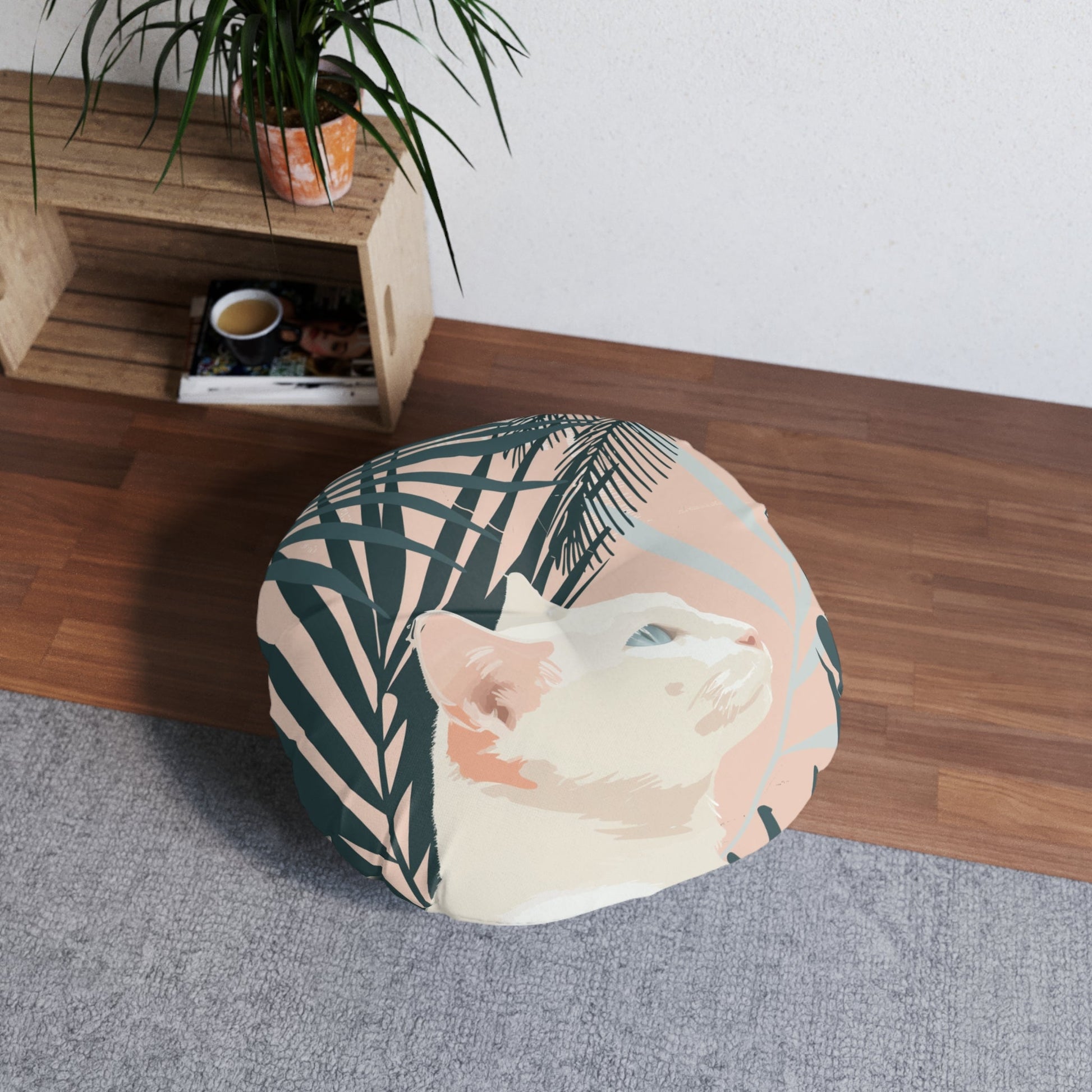 Floor Cushion White Cat Under Palms - Tufted Floor Pillow, Round - Blululi