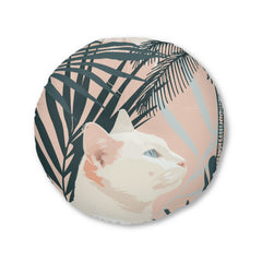 Floor Cushion White Cat Under Palms - Tufted Floor Pillow, Round - Blululi