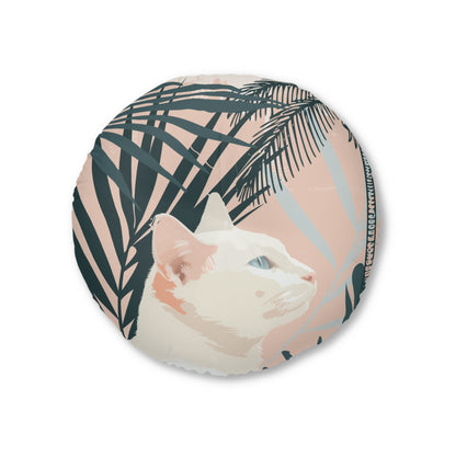 Floor Cushion White Cat Under Palms - Tufted Floor Pillow, Round - Blululi