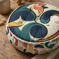 Close-up of a round, tufted floor pillow featuring a New Year cozy cat in teal and warm accents, shown in a cozy living room setting with texture details and a festive vibe. Lifestyle/close-up view for accessibility.