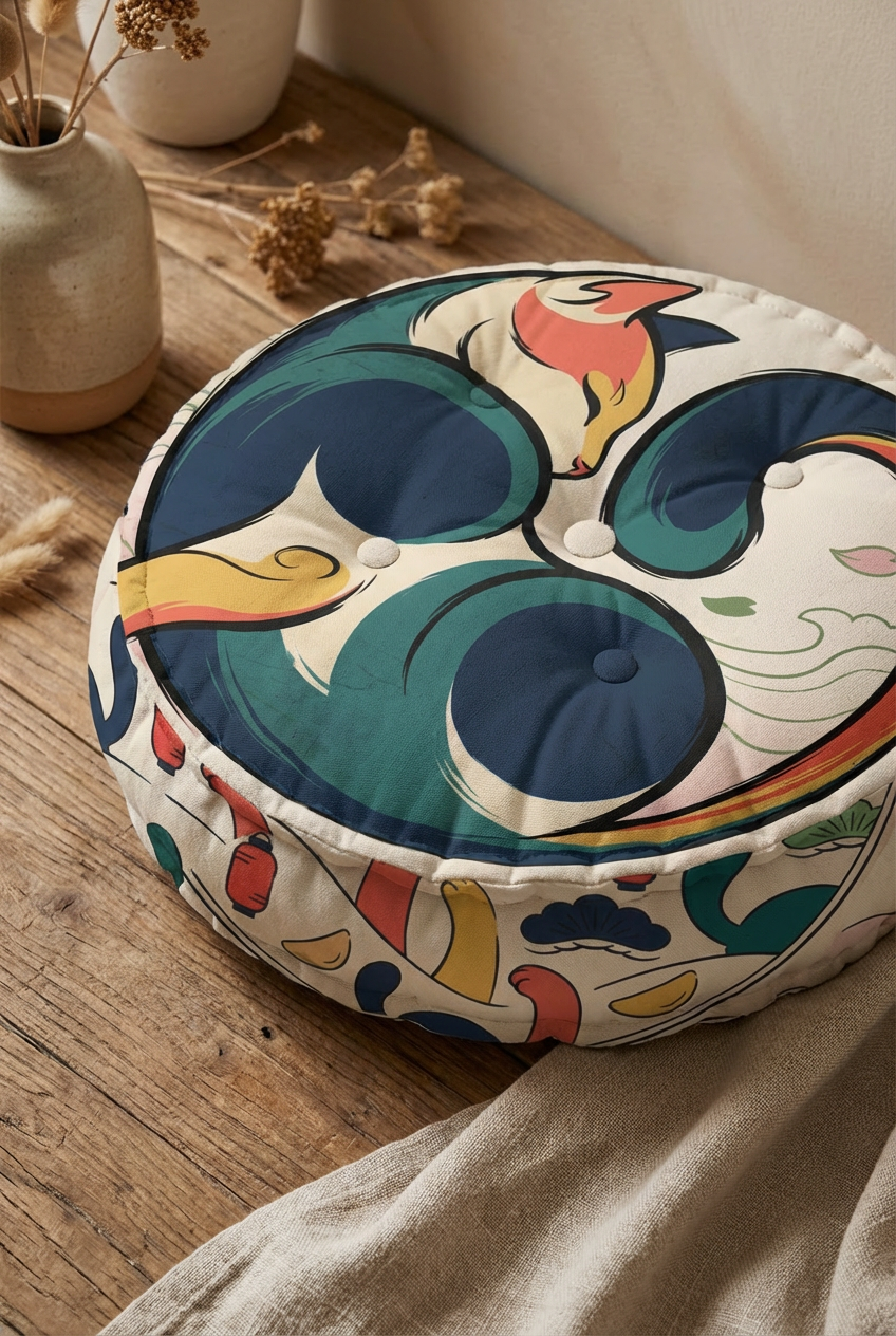 Close-up of a round, tufted floor pillow featuring a New Year cozy cat in teal and warm accents, shown in a cozy living room setting with texture details and a festive vibe. Lifestyle/close-up view for accessibility.